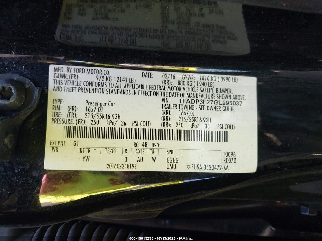 1FADP3F27GL295037 2016 FORD FOCUS photo no. 9