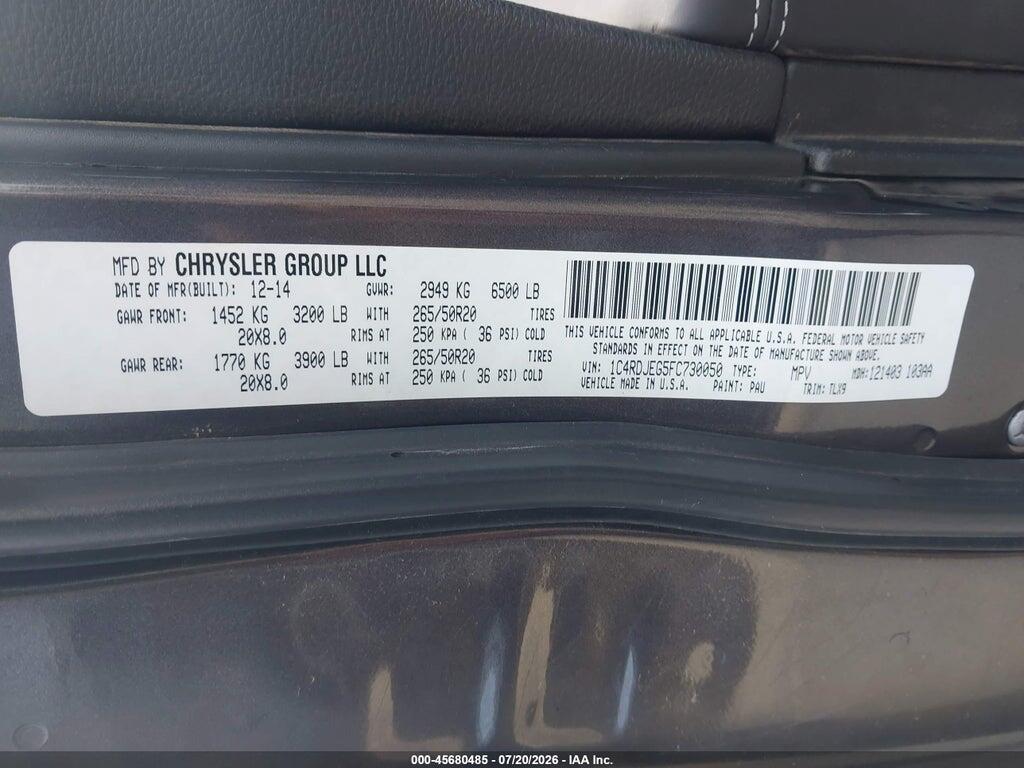 1C4RDJEG5FC730050 2015 DODGE DURANGO photo no. 9