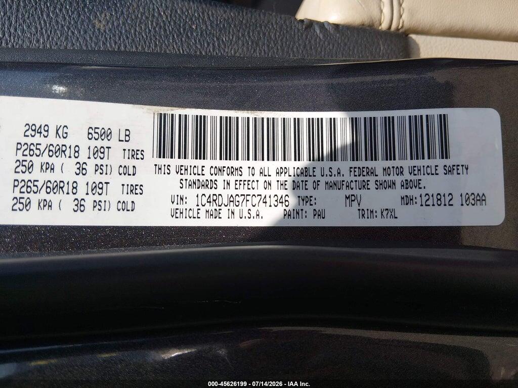 1C4RDJAG7FC741346 2015 DODGE DURANGO photo no. 9
