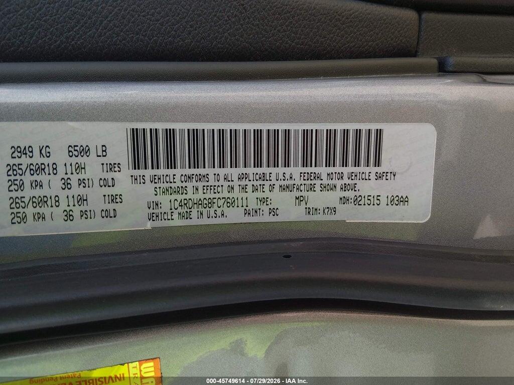 1C4RDHAG8FC760111 2015 DODGE DURANGO photo no. 9