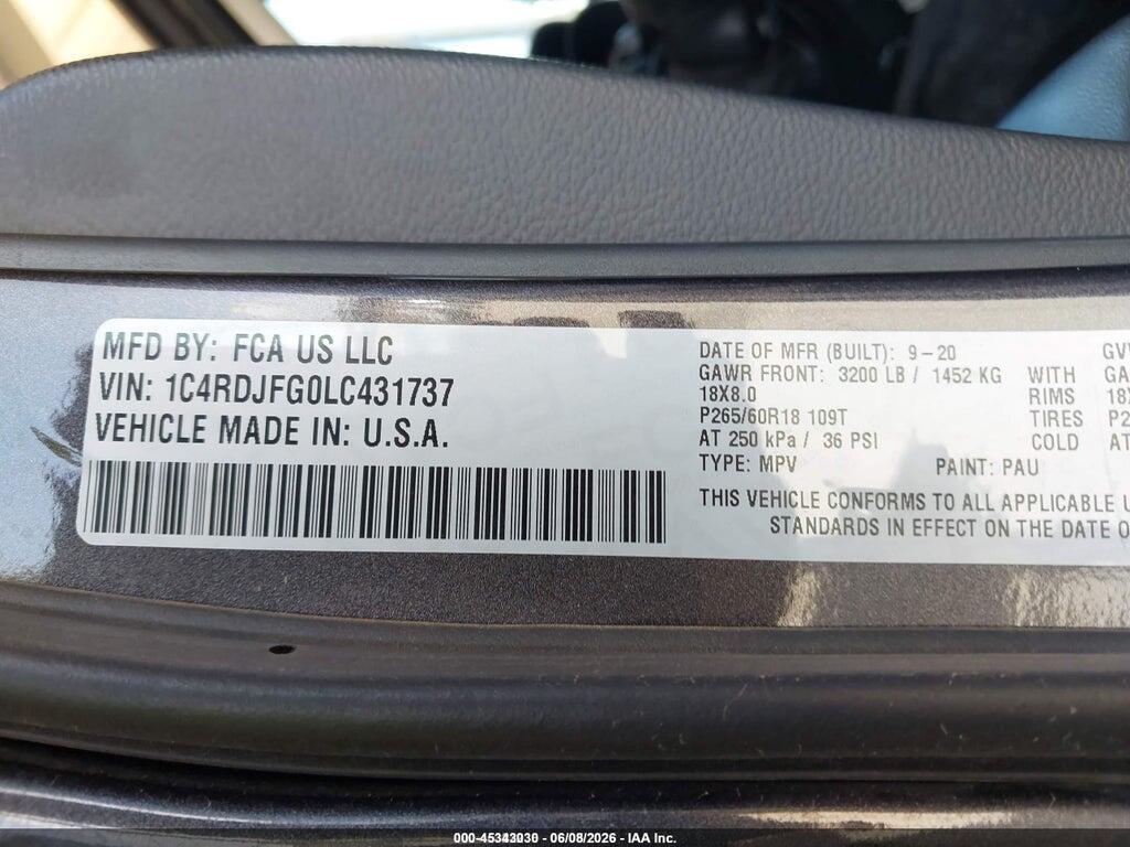 1C4RDJFG0LC431737 2020 DODGE DURANGO photo no. 9