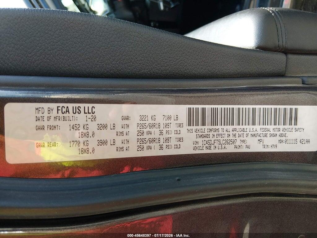 1C4SDJFT5LC262507 2020 DODGE DURANGO photo no. 9