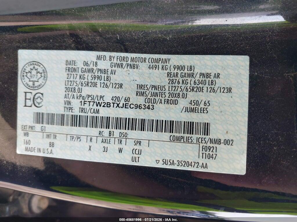 1FT7W2BTXJEC96343 2018 FORD F-250 photo no. 9