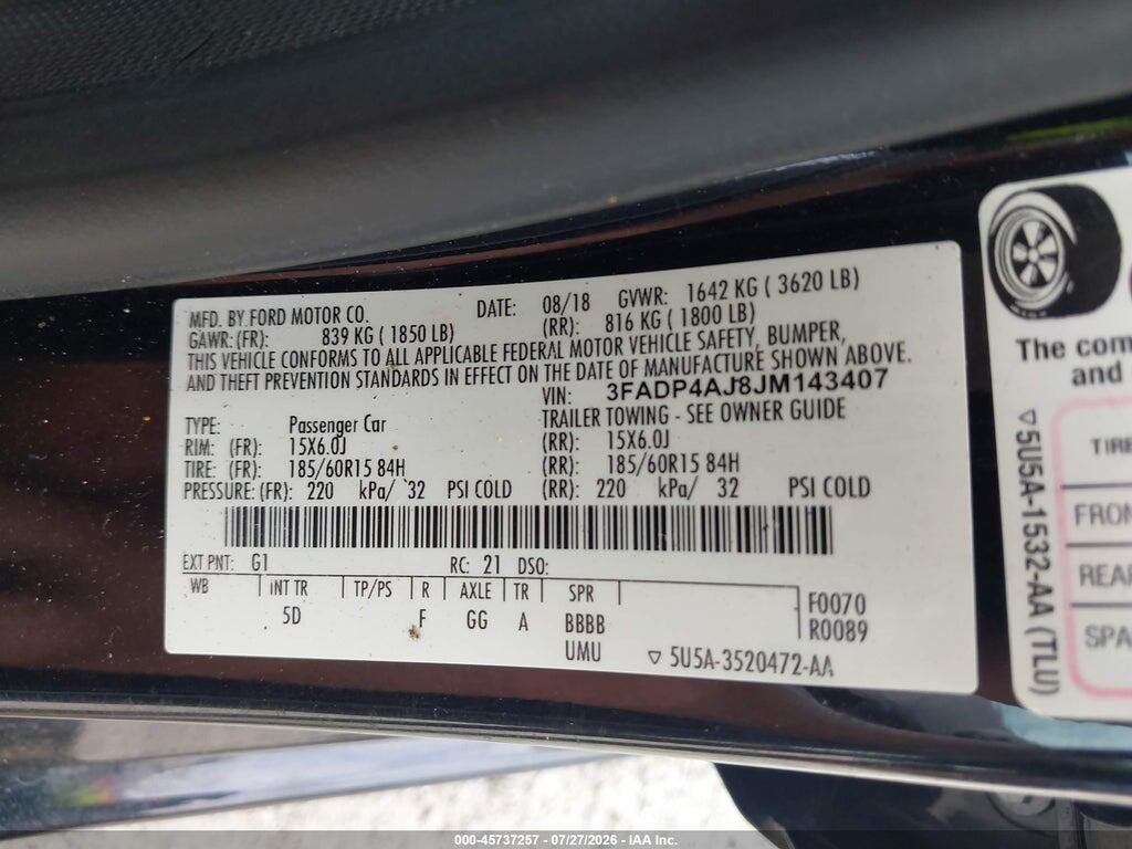 3FADP4AJ8JM143407 2018 FORD FIESTA photo no. 9