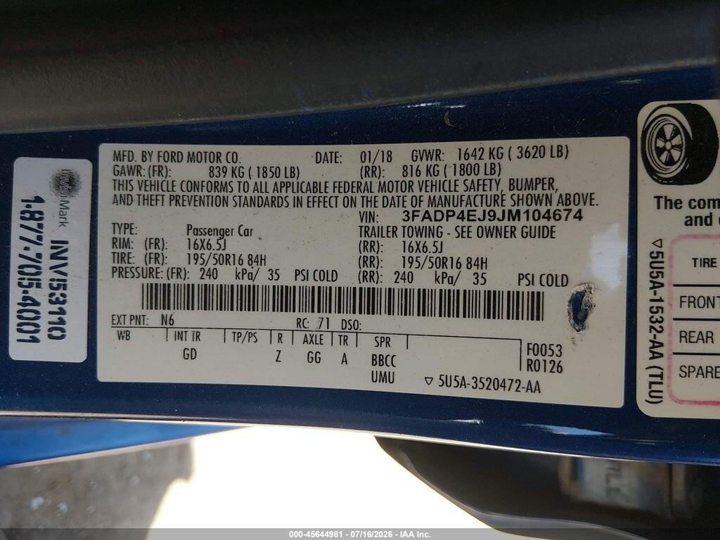 3FADP4EJ9JM104674 2018 FORD FIESTA photo no. 9