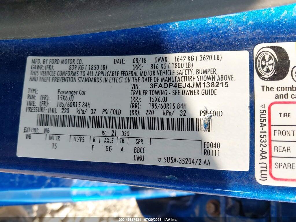 3FADP4EJ4JM138215 2018 FORD FIESTA photo no. 9