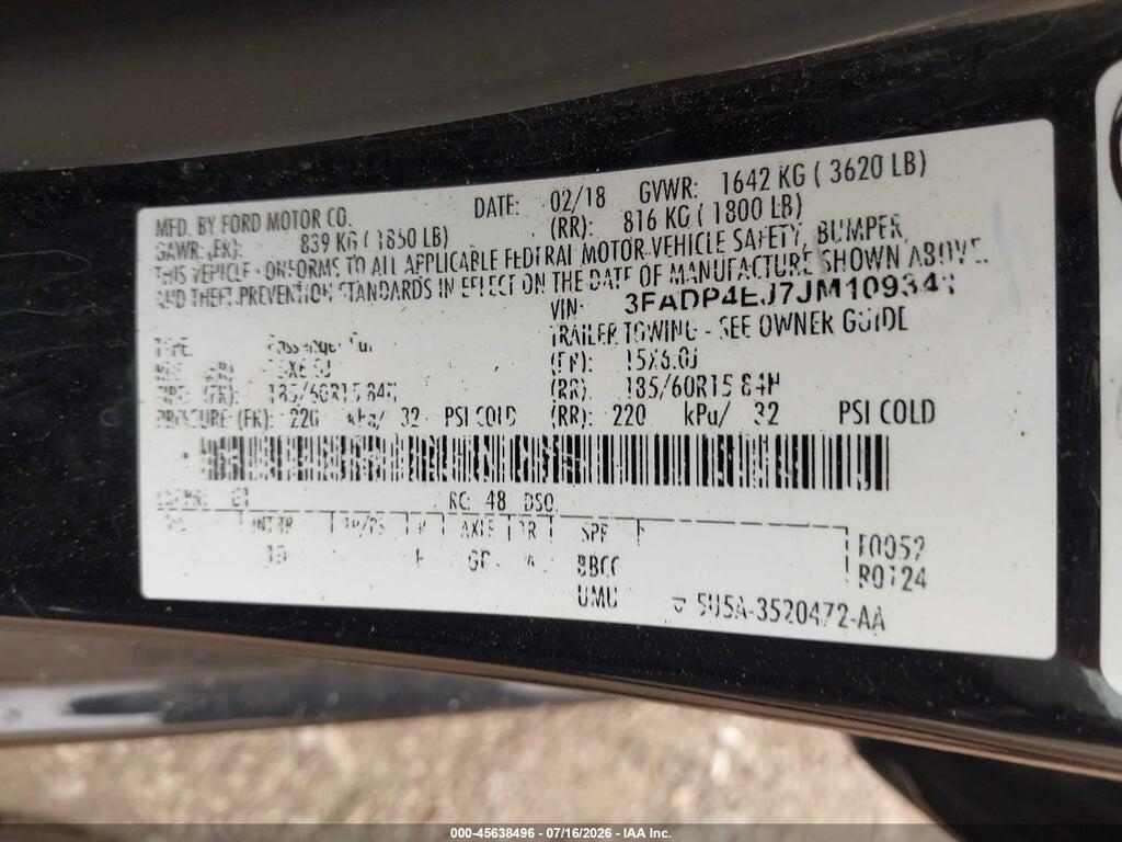 3FADP4EJ7JM109341 2018 FORD FIESTA photo no. 9