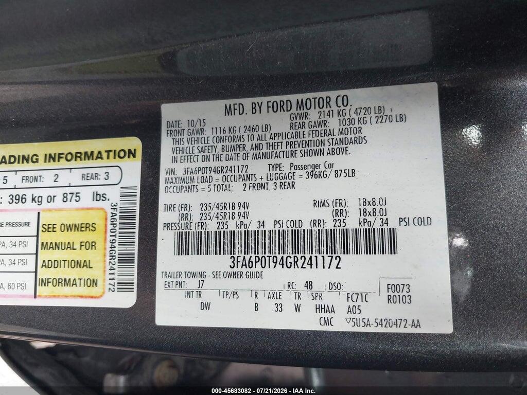 3FA6P0T94GR241172 2016 FORD FUSION photo no. 9