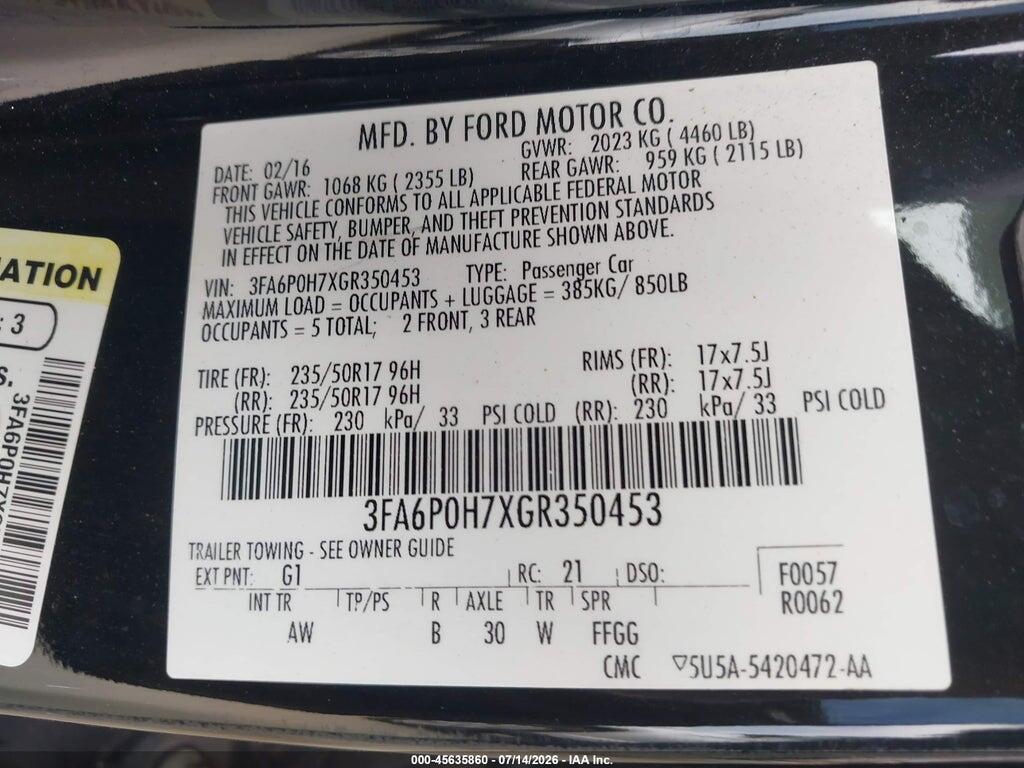 3FA6P0H7XGR350453 2016 FORD FUSION photo no. 9