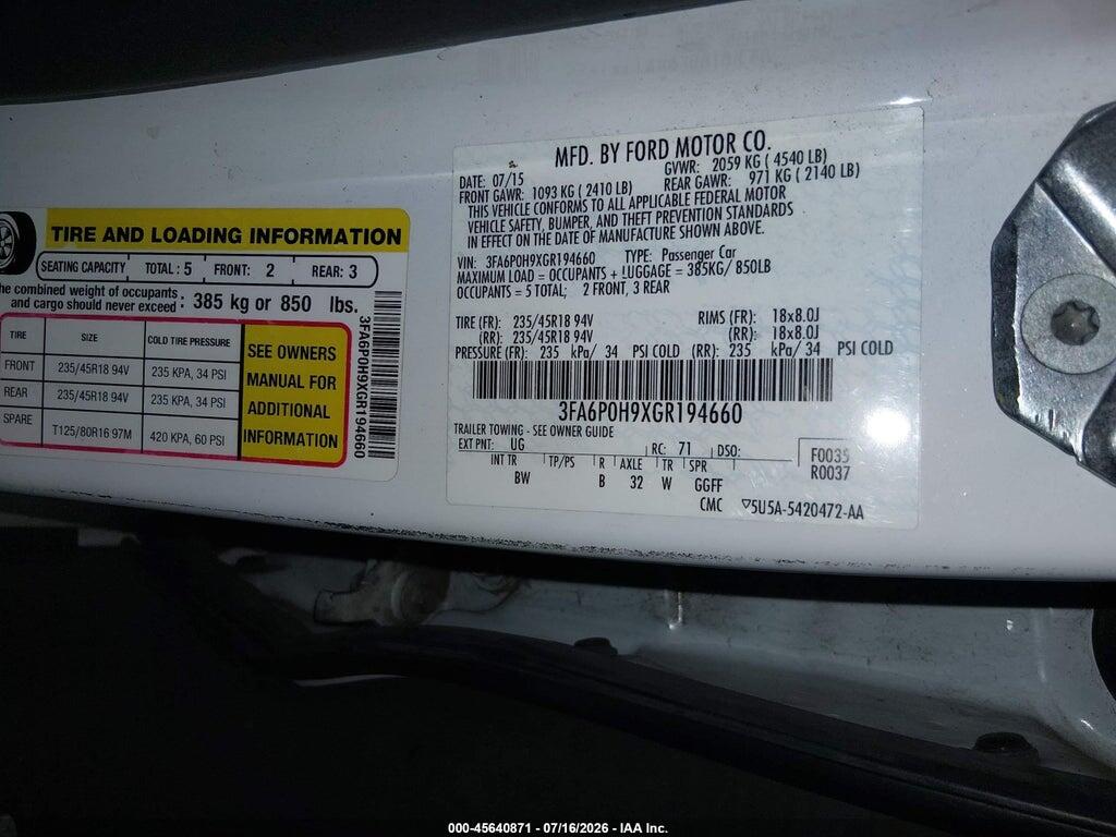 3FA6P0H9XGR194660 2016 FORD FUSION photo no. 9