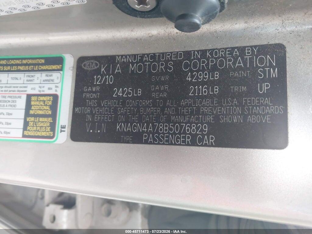 KNAGN4A78B5076829 2011 KIA OPTIMA photo no. 9
