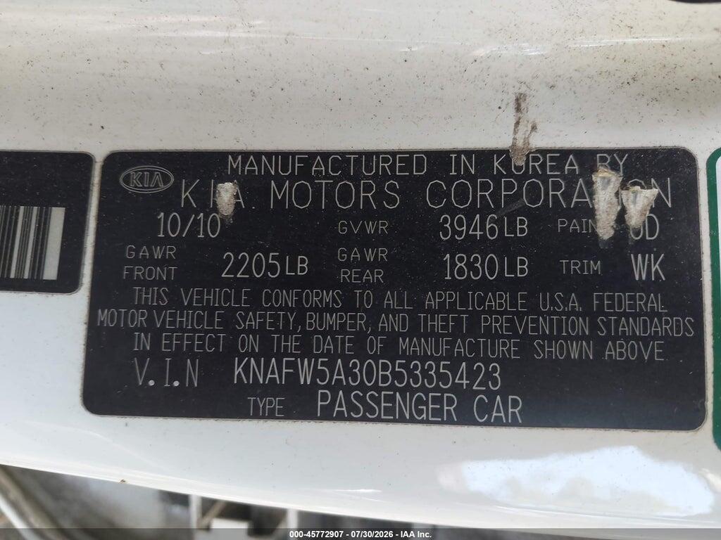 KNAFW5A30B5335423 2011 KIA FORTE photo no. 9