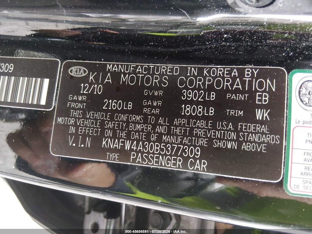 KNAFW4A30B5377309 2011 KIA FORTE photo no. 9