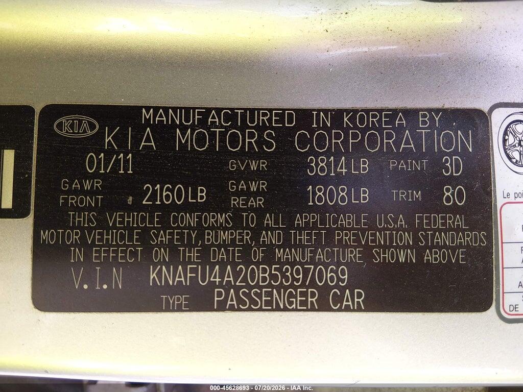 KNAFU4A20B5397069 2011 KIA FORTE photo no. 9