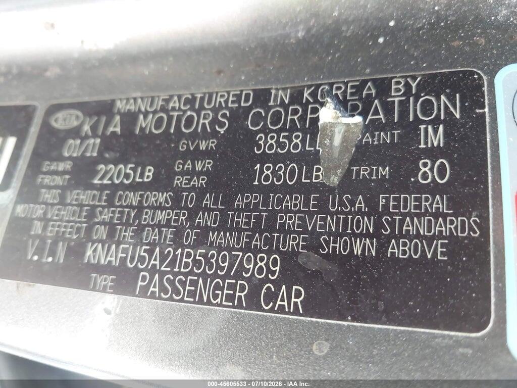 KNAFU5A21B5397989 2011 KIA FORTE photo no. 9