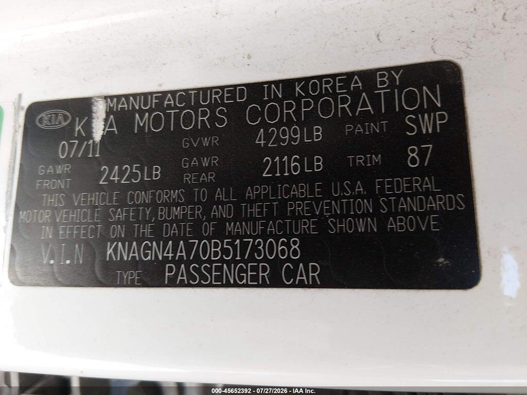 KNAGN4A70B5173068 2011 KIA OPTIMA photo no. 9