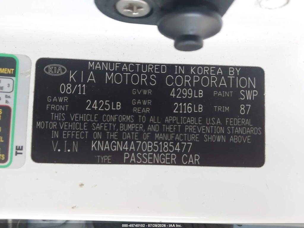 KNAGN4A70B5185477 2011 KIA OPTIMA photo no. 9