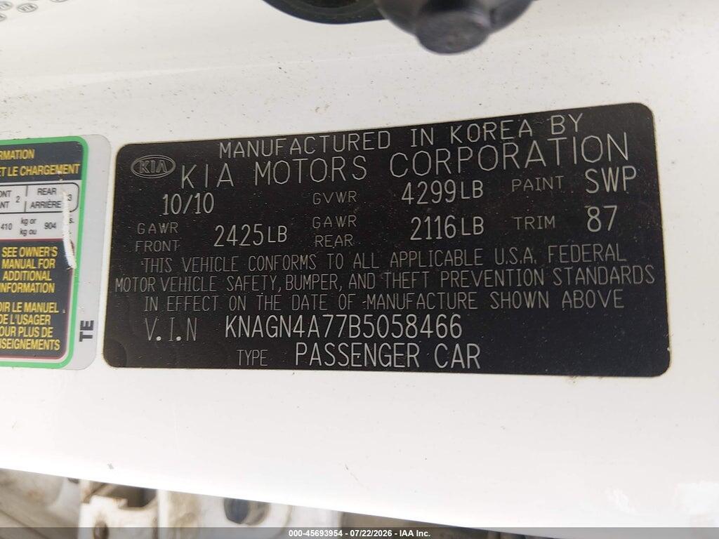 KNAGN4A77B5058466 2011 KIA OPTIMA photo no. 9