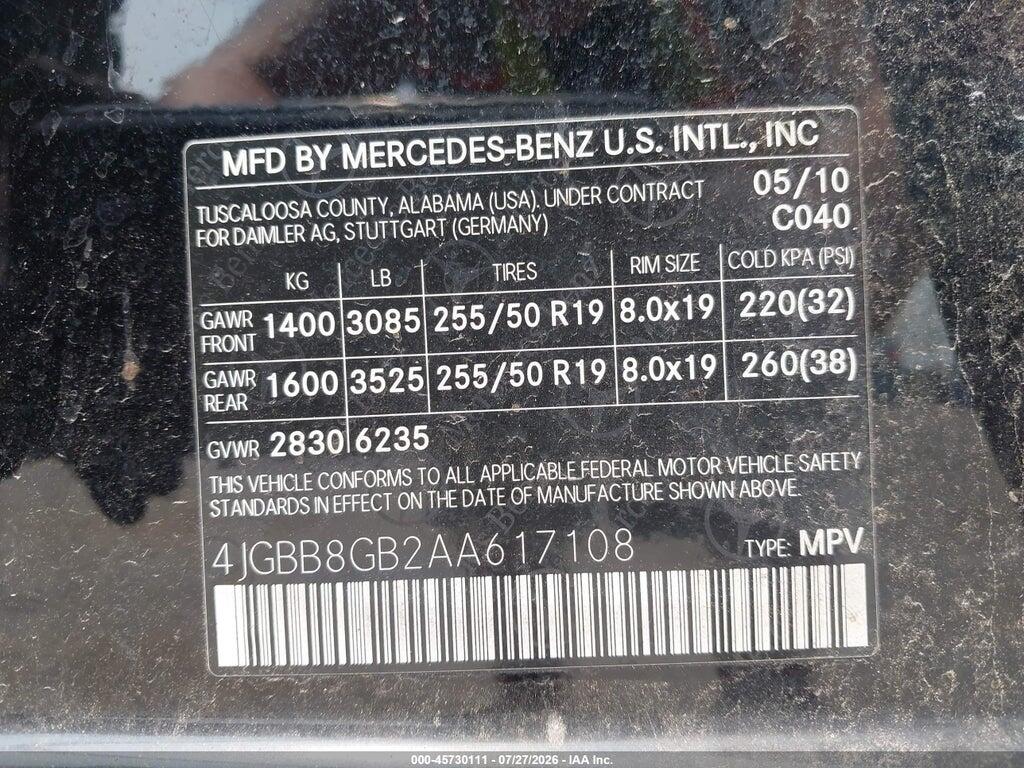4JGBB8GB2AA617108 2010 MERCEDES-BENZ ML 350 photo no. 9