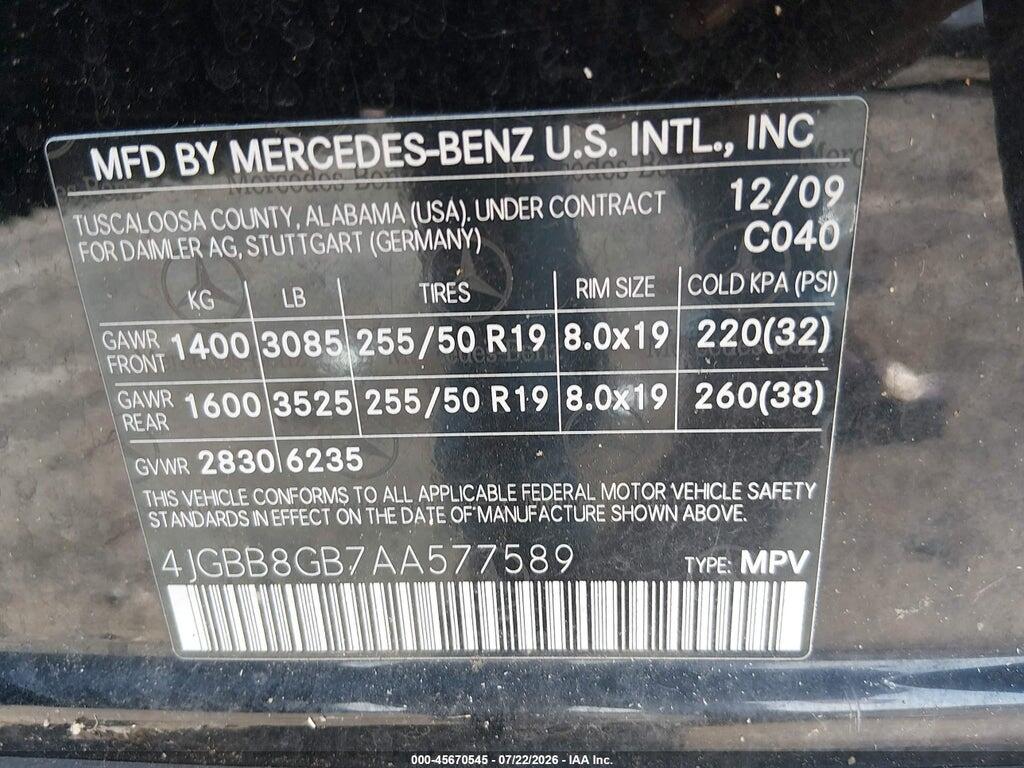 4JGBB8GB7AA577589 2010 MERCEDES-BENZ ML 350 photo no. 9