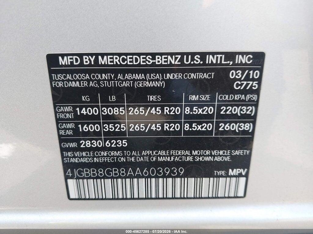 4JGBB8GB8AA603939 2010 MERCEDES-BENZ ML 350 photo no. 9