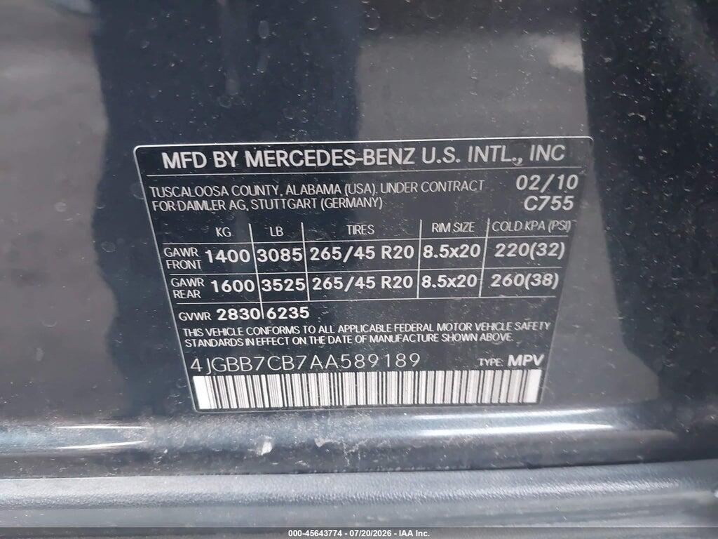 4JGBB7CB7AA589189 2010 MERCEDES-BENZ ML 550 photo no. 9