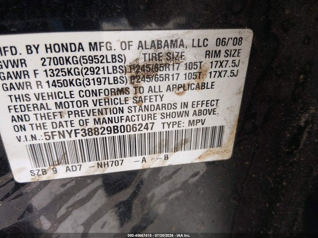 5FNYF38829B006247 2009 HONDA PILOT photo no. 9