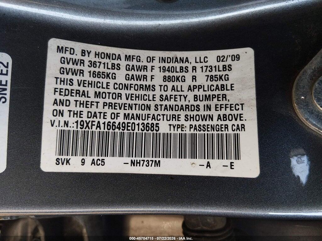 19XFA16649E013685 2009 HONDA CIVIC photo no. 9