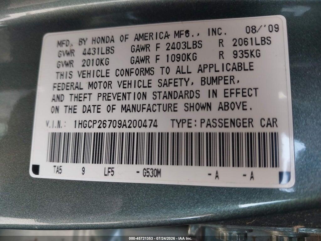 1HGCP26709A200474 2009 HONDA ACCORD photo no. 9