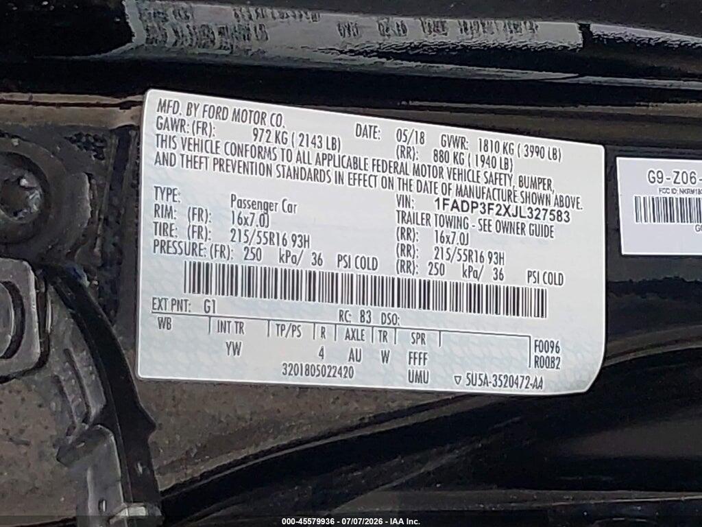 1FADP3F2XJL327583 2018 FORD FOCUS photo no. 9