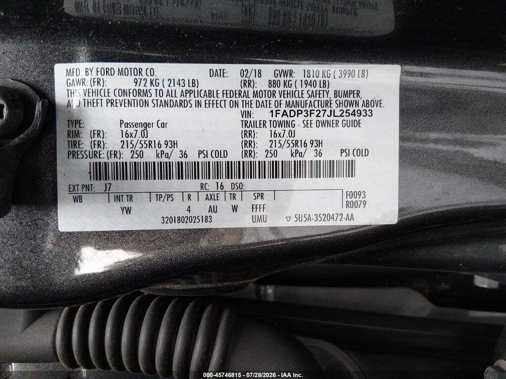 1FADP3F27JL254933 2018 FORD FOCUS photo no. 9
