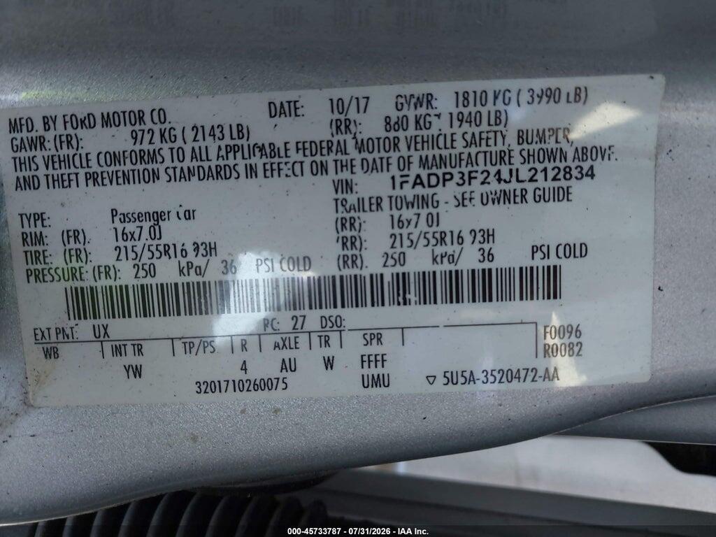1FADP3F24JL212834 2018 FORD FOCUS photo no. 9