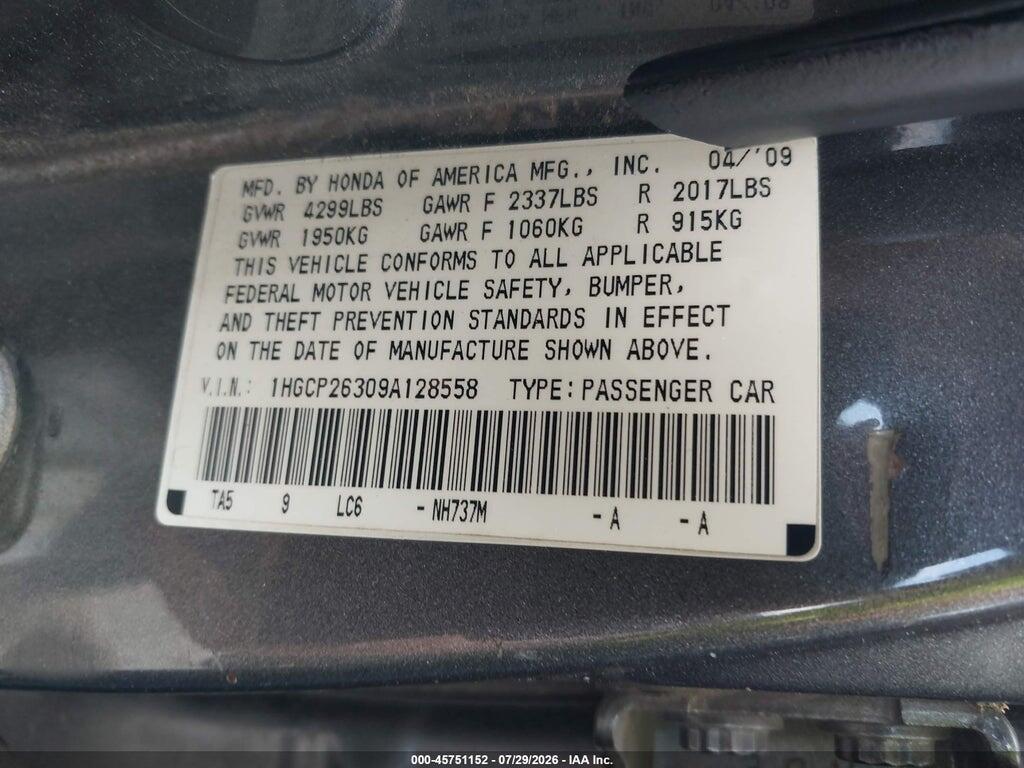 1HGCP26309A128558 2009 HONDA ACCORD photo no. 9