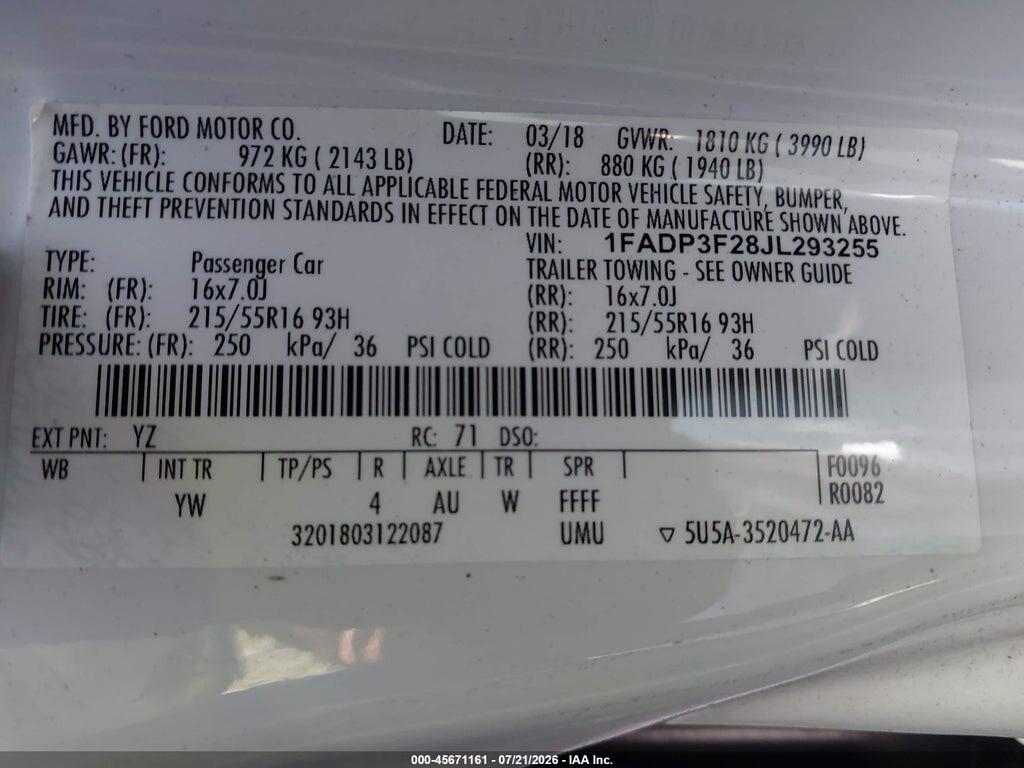 1FADP3F28JL293255 2018 FORD FOCUS photo no. 9