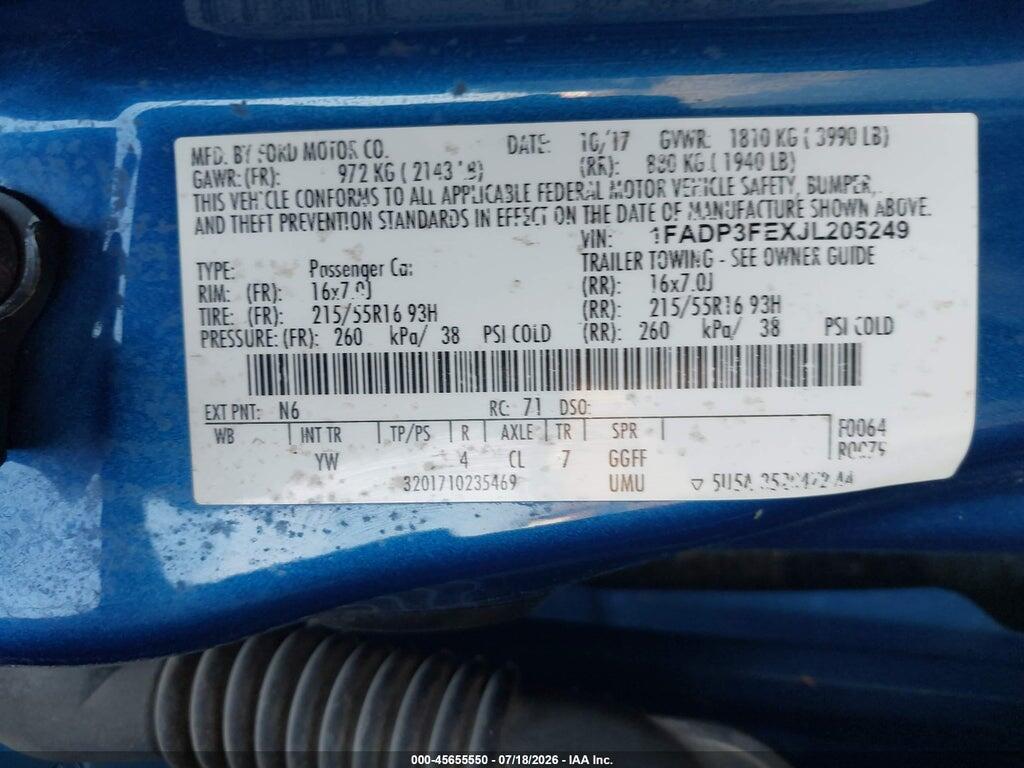 1FADP3FEXJL205249 2018 FORD FOCUS photo no. 9