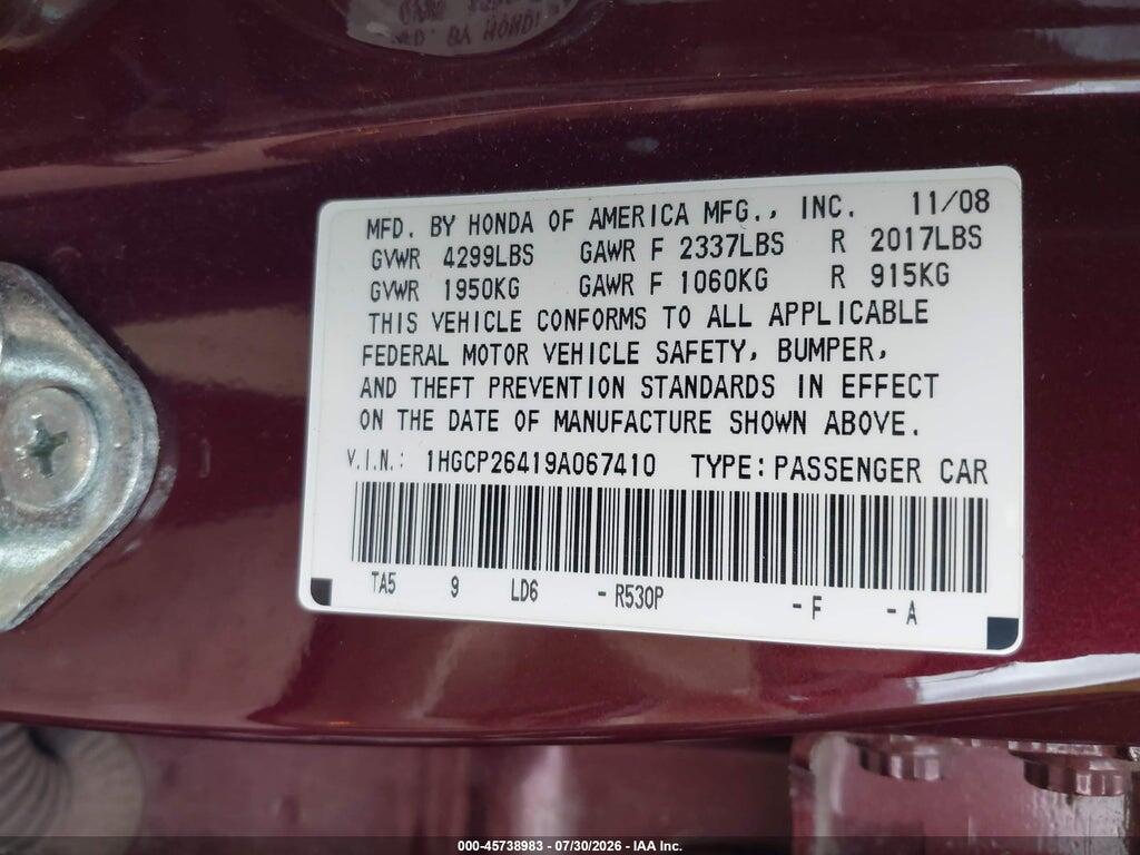 1HGCP26419A067410 2009 HONDA ACCORD photo no. 9
