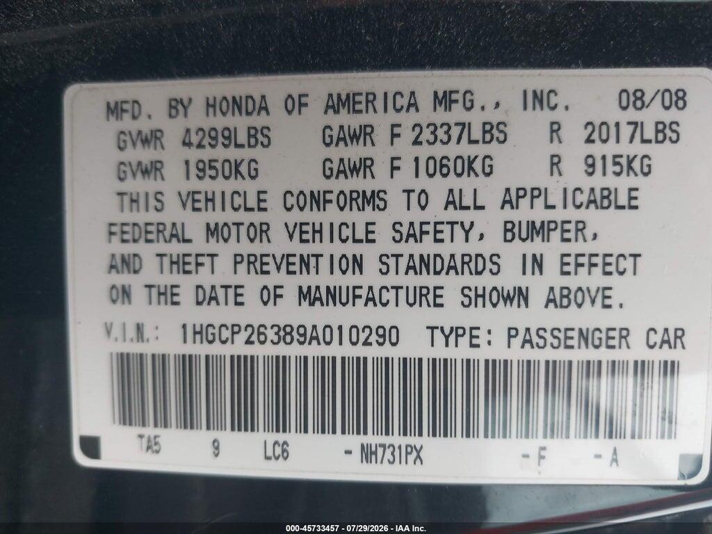 1HGCP26389A010290 2009 HONDA ACCORD photo no. 9