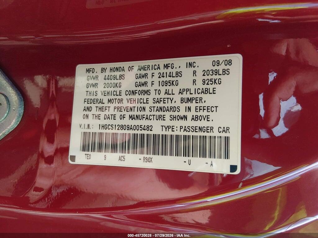 1HGCS12809A005482 2009 HONDA ACCORD photo no. 9