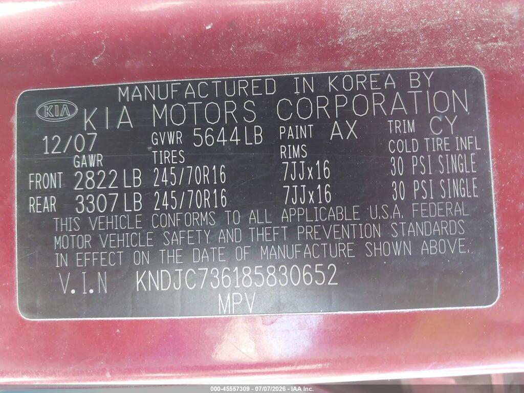 KNDJC736185830652 2008 KIA SORENTO photo no. 9