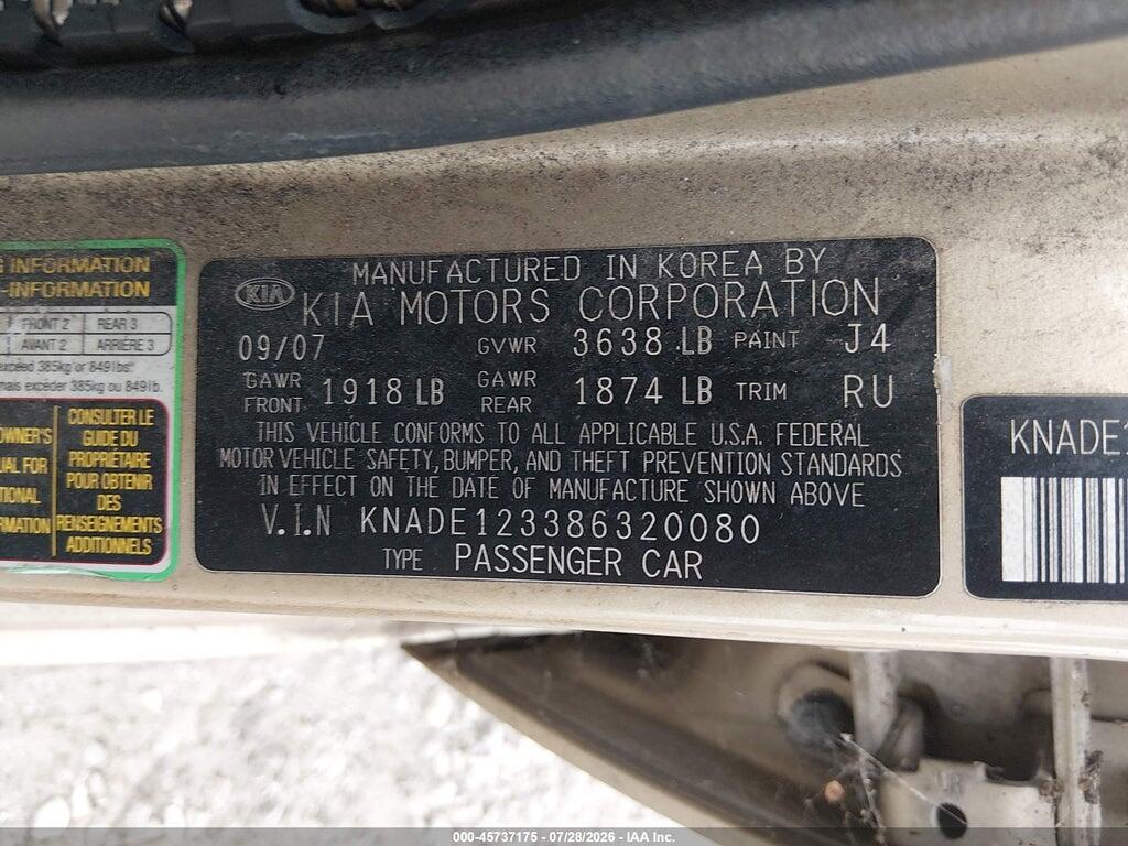 KNADE123386320080 2008 KIA RIO photo no. 9