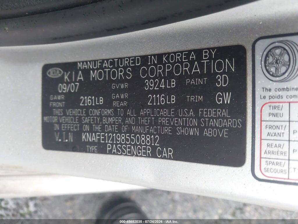 KNAFE121985508812 2008 KIA SPECTRA photo no. 9