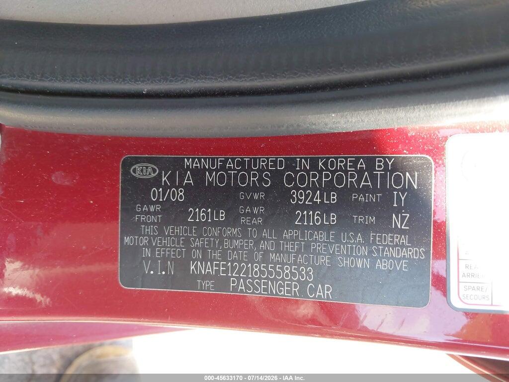 KNAFE122185558533 2008 KIA SPECTRA photo no. 9