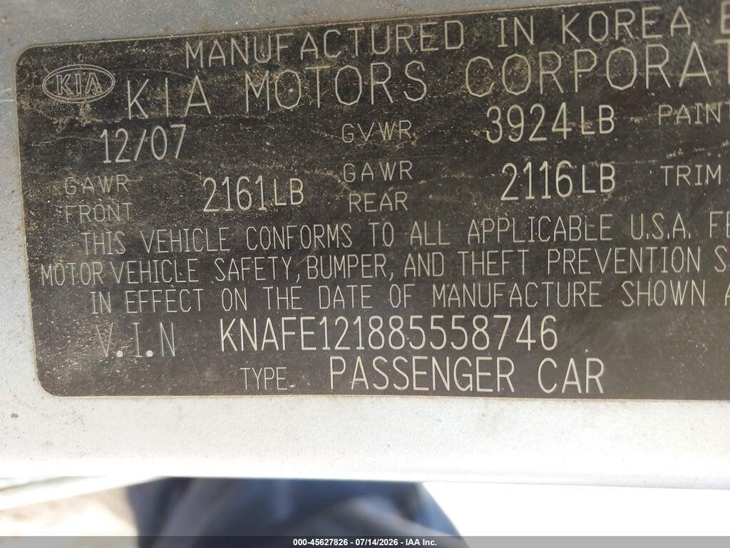 KNAFE121885558746 2008 KIA SPECTRA photo no. 9