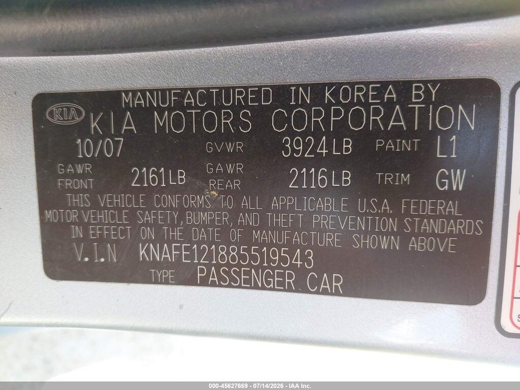 KNAFE121885519543 2008 KIA SPECTRA photo no. 9