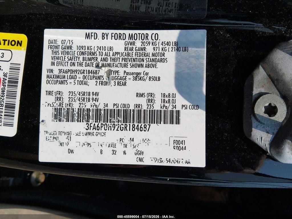 3FA6P0H92GR184687 2016 FORD FUSION photo no. 9