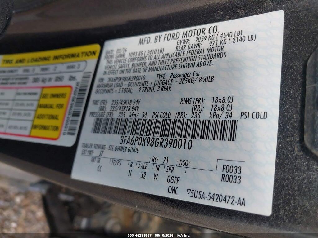 3FA6P0K98GR390010 2016 FORD FUSION photo no. 9