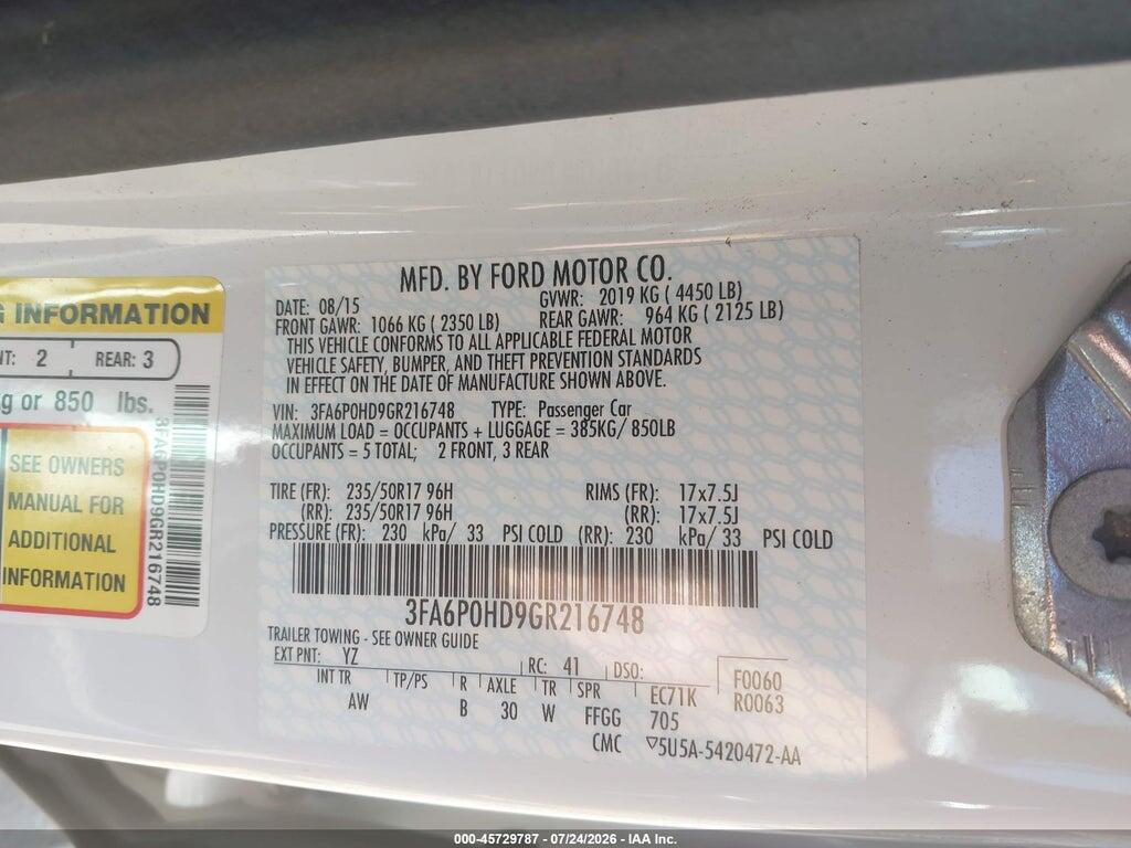 3FA6P0HD9GR216748 2016 FORD FUSION photo no. 9