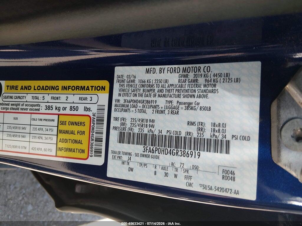 3FA6P0HD4GR386919 2016 FORD FUSION photo no. 9