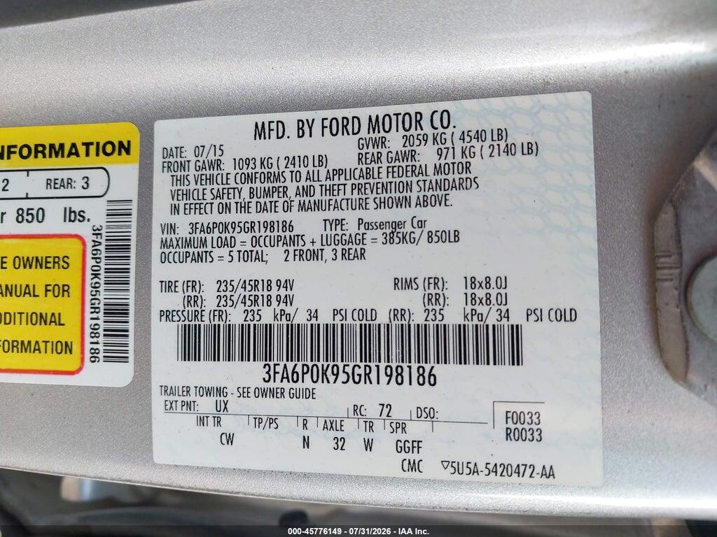 3FA6P0K95GR198186 2016 FORD FUSION photo no. 9