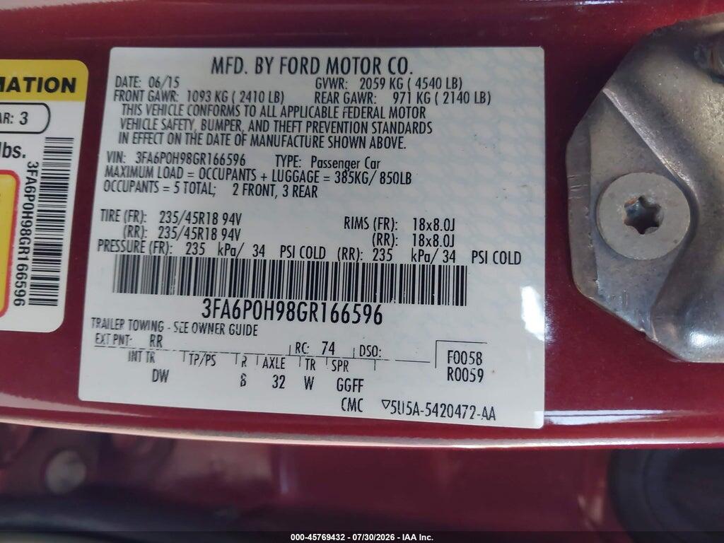 3FA6P0H98GR166596 2016 FORD FUSION photo no. 9